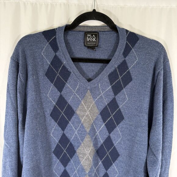 Jos A Bank Traveler Merino Wool Sweater Men's XL Blue Knit Long Sleeve Vneck - Picture 2 of 9